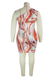 Orange Fashion Plus Size Print Hollowed Out Fold One Shoulder Sleeveless Dress