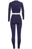 Blue Casual Sportswear Patchwork Basic Hooded Collar Long Sleeve Two Pieces