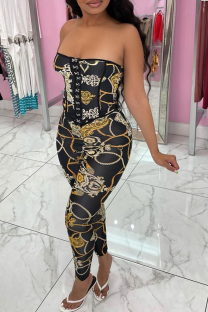 Black Sexy Print Patchwork Strapless Sleeveless Two Pieces