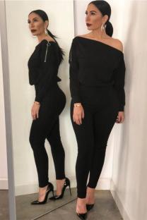 Black Casual zipper Solid Long Sleeve one word collar Jumpsuits