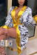 multicolor Fashion Casual Adult Print Patchwork With Belt V Neck Outerwear