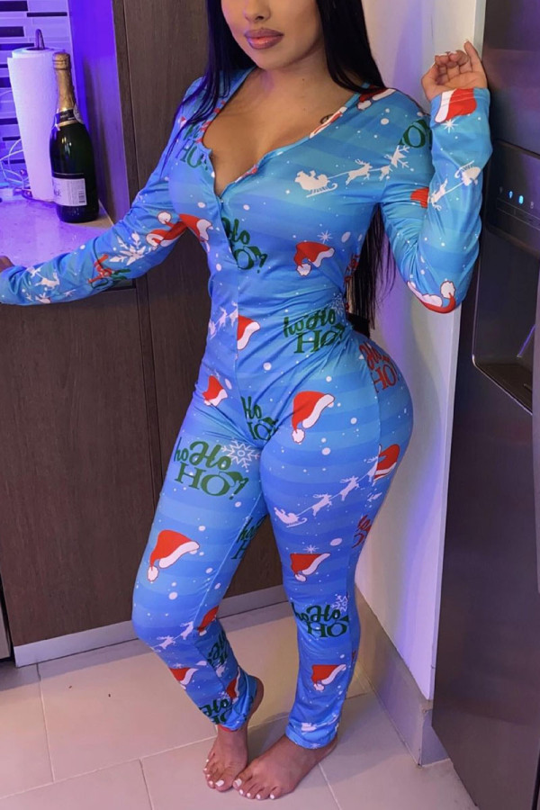 Blue Sweet Print V Neck Regular Jumpsuits