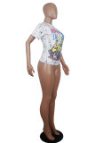 White Blue Yellow purple colour O Neck Short Sleeve Patchwork Print Character Tops