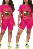 White Fashion Casual adult Letter Patchwork Two Piece Suits Lips Print Straight Short Sleeve Two Pieces
