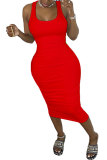 Red Fashion Sexy adult White Red Black Yellow Tank Sleeveless Square Step Skirt Mid-Calf Patchwork bandage Solid hollow out Dresses