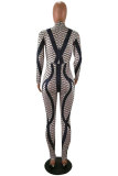Grey Elastic Fly Long Sleeve Mid Print Patchwork pencil Capris Jumpsuits & Rompers