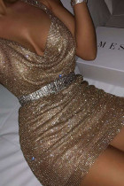 Rose Gold Acetyl fiber Fashion Sexy adult Ma'am Spaghetti Strap Sleeveless V Neck Pencil Dress Knee-Length Solid Dresses