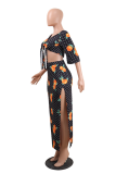 Black Sexy Print Patchwork V Neck Long Sleeve Two Pieces