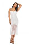 Black Fashion Sexy Spaghetti Strap Sleeveless Slip Step Skirt Mid-Calf lace Mesh Patchwork Club