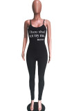 Black Fashion Sexy Print letter Sleeveless Slip Jumpsuits