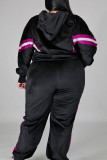 Black Casual Solid Hooded Collar Plus Size 