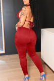 Red Fashion Sexy Solid Hollowed Out Backless Turtleneck Sleeveless Two Pieces