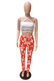 Red Fashion Sexy Print Hollowed Out Backless Strapless Sleeveless Two Pieces