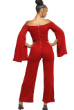 White Sexy Patchwork Solid Ruffled Long Sleeve one word collar Jumpsuits