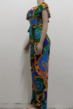 Multicolor Sexy Print Patchwork Off the Shoulder Straight Jumpsuits