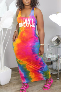 Pink Milk. Fashion Street Pink Orange Tank Sleeveless O neck Pencil Dress Floor-Length Print Dresses