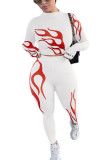 White Fashion Casual Adult Print Patchwork O Neck Long Sleeve Cap Sleeve Short Two Pieces