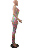 Blue Pink Sexy Print Patchwork Spaghetti Strap Regular Jumpsuits