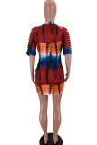 Red Fashion Casual Print Tie Dye Ripped O Neck Short Sleeve Dress