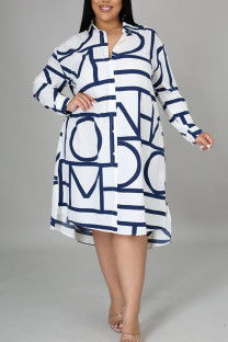 White Casual Print Patchwork Turndown Collar Shirt Dress Plus Size Dresses