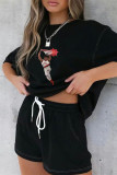 Black Red Fashion Casual Print Basic O Neck Short Sleeve Two Pieces