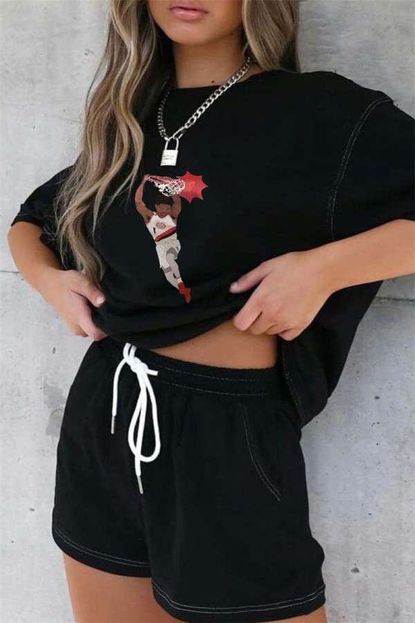 Black Red Fashion Casual Print Basic O Neck Short Sleeve Two Pieces