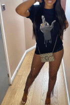 Black O Neck Short Sleeve Print Tops