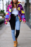 Green Turtleneck Camouflage Print Zippered Patchwork Spandex Print Long Sleeve Blazer & Suits &Jacket