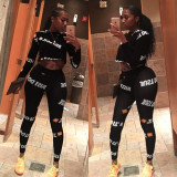 Blue Spandex Elastic Fly Long Sleeve Mid Letter Skinny Pants