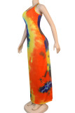 purple Sexy Tank Sleeveless O neck Slim Dress Ankle-Length Print Tie and dye Dresses