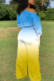 Orange Yellow Casual Patchwork Tie-dye One Shoulder Long Sleeve Two Pieces