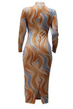Green Sexy Milk Fiber Print O Neck Long Sleeve Ankle Length Pencil Skirt Dresses