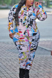 Multicolor Casual Print Turndown Collar Plus Size 