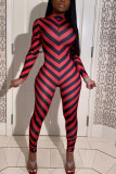 Red British Style Print Patchwork Turtleneck Skinny Jumpsuits