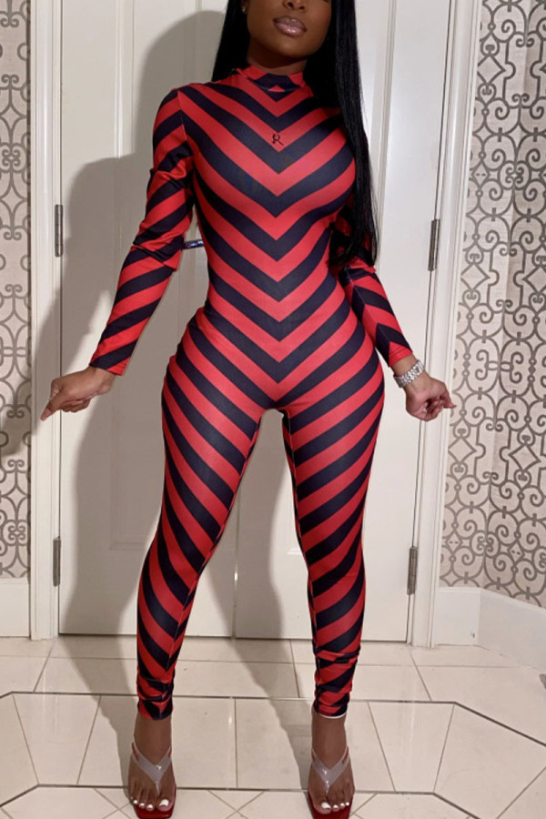 Red British Style Print Patchwork Turtleneck Skinny Jumpsuits
