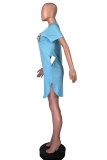 Light Blue Fashion adult Street Pink Yellow Light Blue purple Cap Sleeve Short Sleeves O neck Pencil Dress Knee-Length Print Patchwork Leopard Pocket Dresses