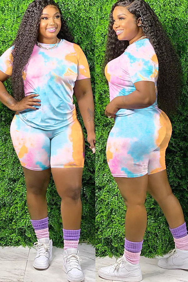 Pink Fashion Sexy adult Ma'am Tie Dye Two Piece Suits Straight Short Sleeve Two Pieces