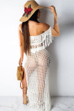 Blue Sexy Fashion tassel HOLLOWED OUT Solid perspective Patchwork A-line skirt Short Sleeve Tw