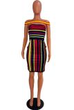 Black and red Sexy Fashion Off The Shoulder Sleeveless One word collar Hip skirt asymmetrical Striped C