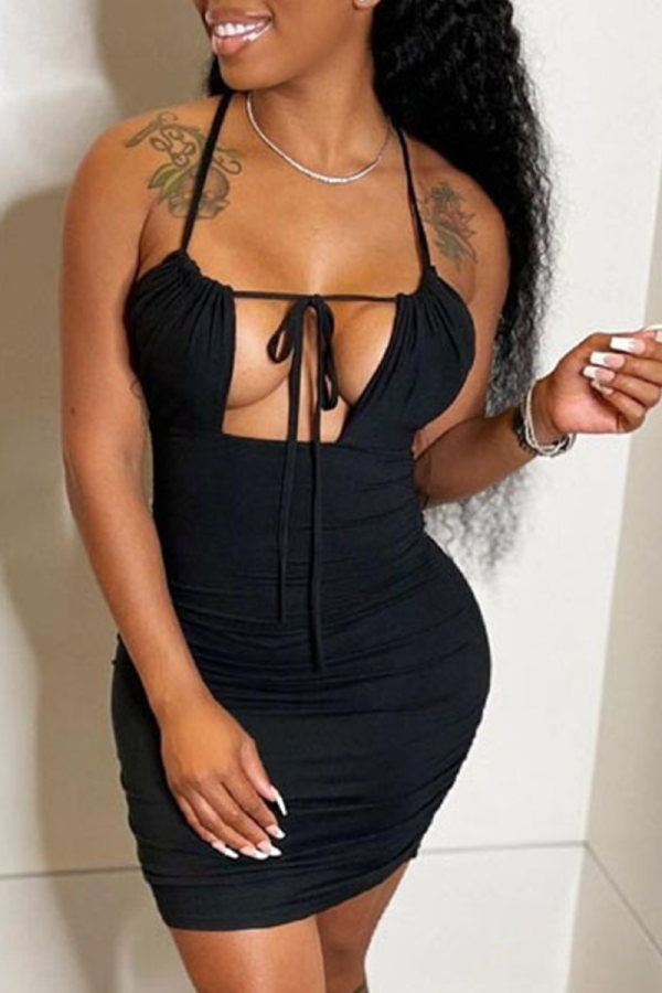 Black Sexy Solid Hollowed Out Pencil Skirt Dresses