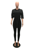 Grey Casual Solid Patchwork Hooded Collar Short Sleeve Two Pieces