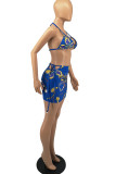 Black Fashion Sexy Print Backless Halter Sleeveless Two Pieces Swimwear