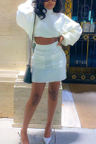 White Sexy Solid Patchwork Turtleneck Long Sleeve Two Pieces