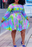 Red Casual Print Patchwork O Neck Cake Skirt Plus Size Dresses