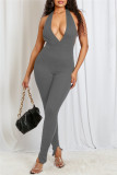 Black Sexy Casual Solid Backless Halter Skinny Jumpsuits