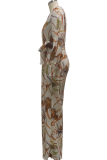 Blue Casual Print Patchwork V Neck Regular Jumpsuits