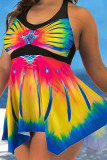 Yellow Sexy Print Patchwork Halter A Line Plus Size Swimwear