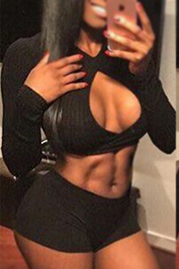Black Sexy Solid Hollowed Out V Neck Long Sleeve Two Pieces