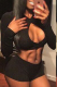 Black Sexy Solid Hollowed Out V Neck Long Sleeve Two Pieces