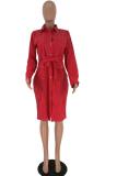 Red Sexy Fashion adult Cap Sleeve Long Sleeves Notched Straight Knee-Length Solid Patchwork ba